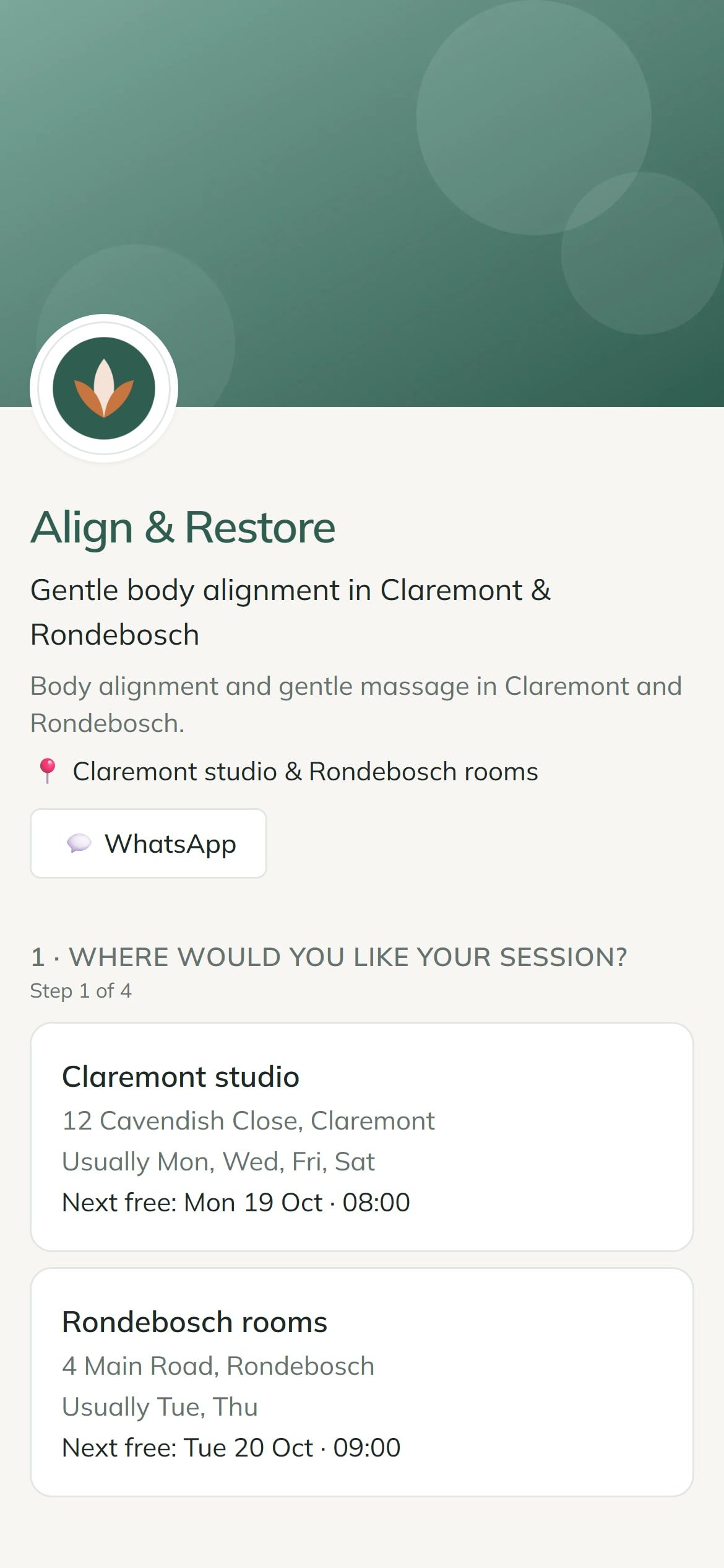 A practice’s booking page made with Yasenza, on a phone