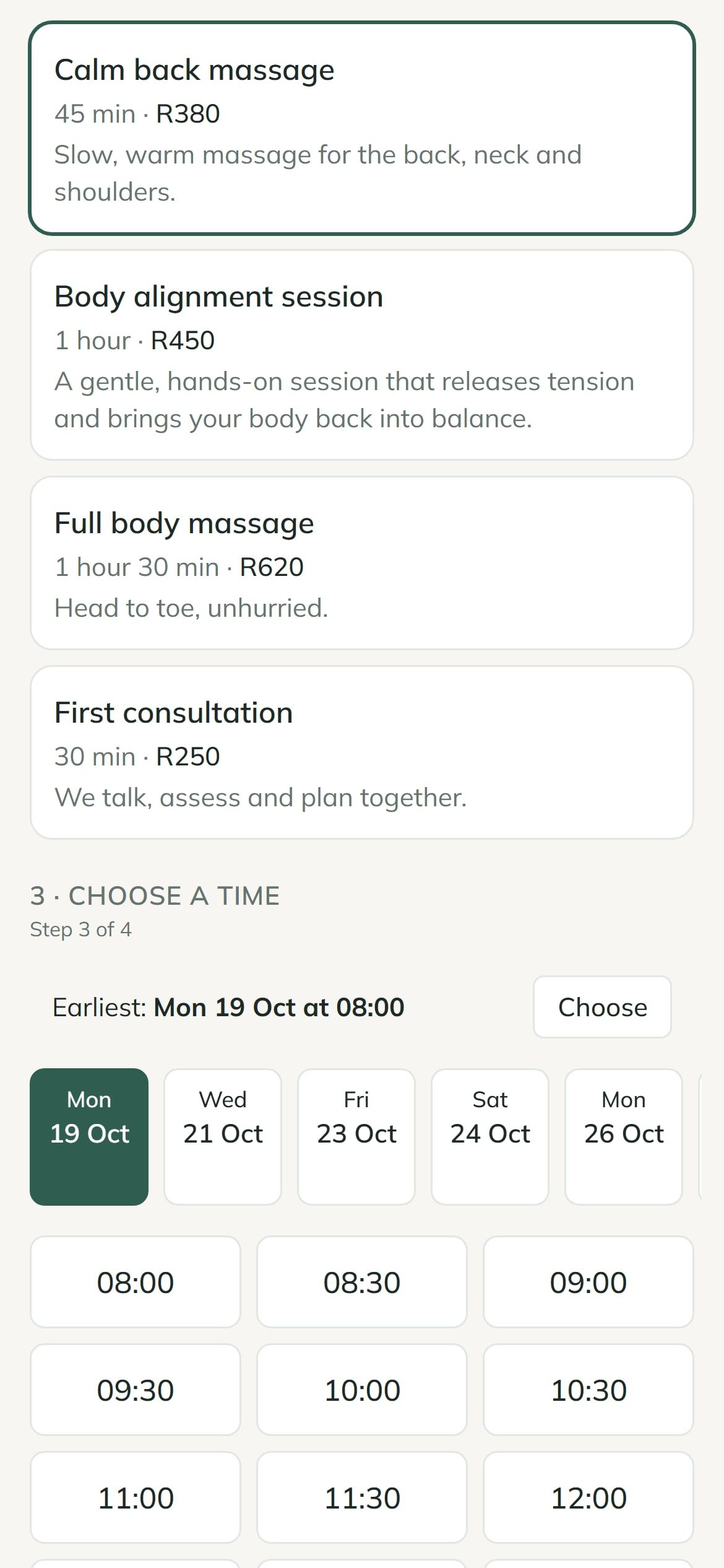 A practice’s booking page on a phone, showing the next free times for a massage