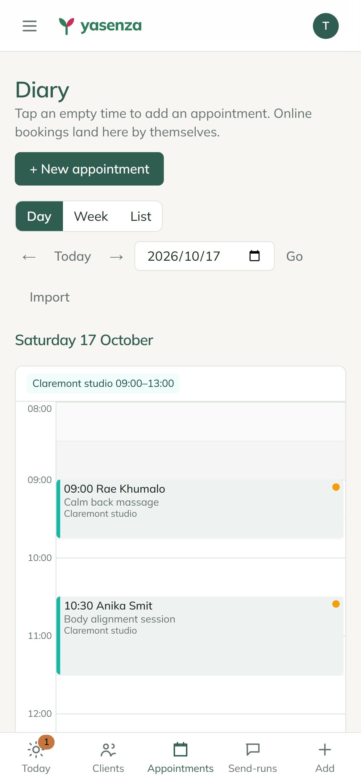 The diary in Yasenza on a phone, showing the day’s appointments