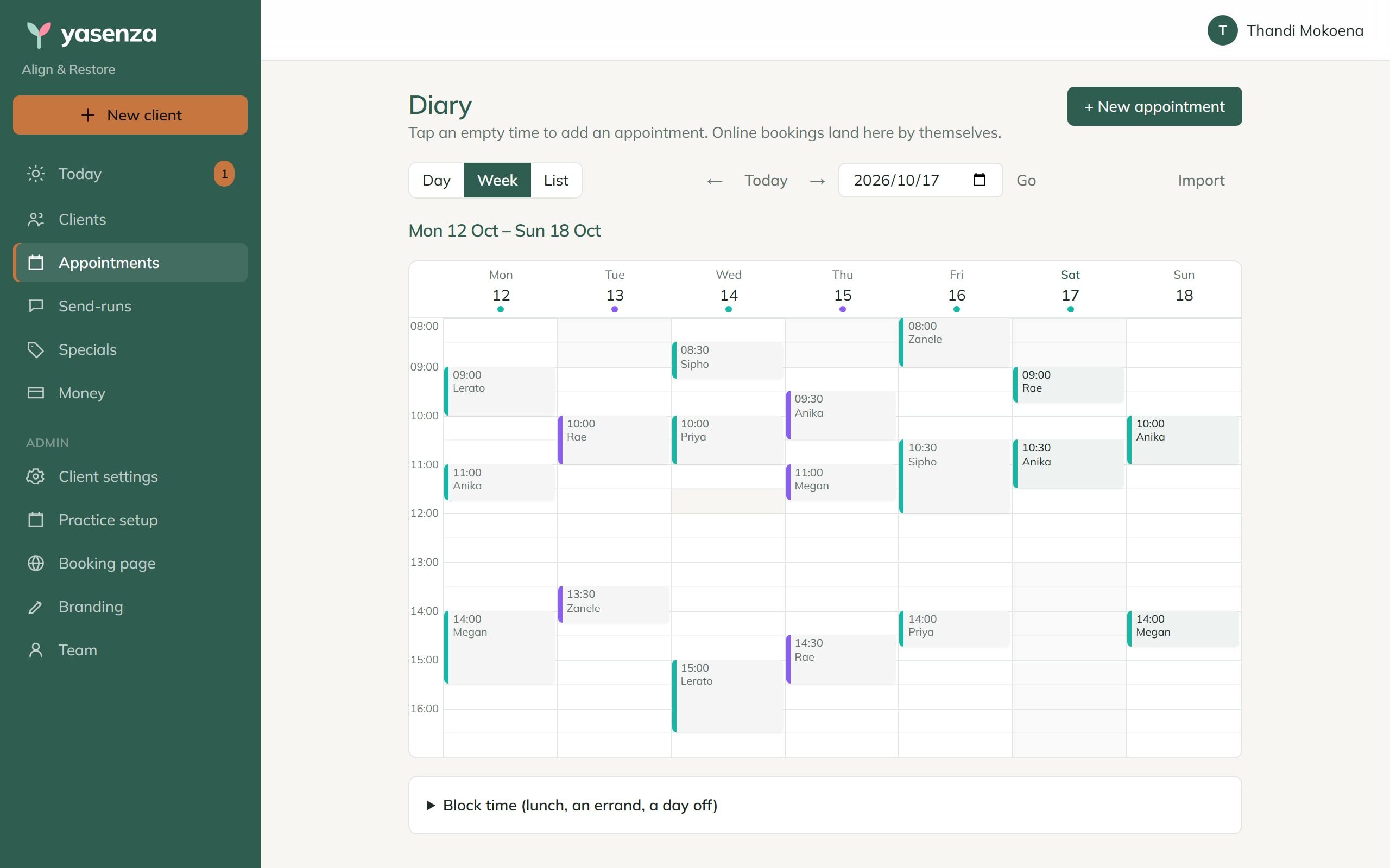 The Yasenza diary for a week on a laptop, with appointments at two venues