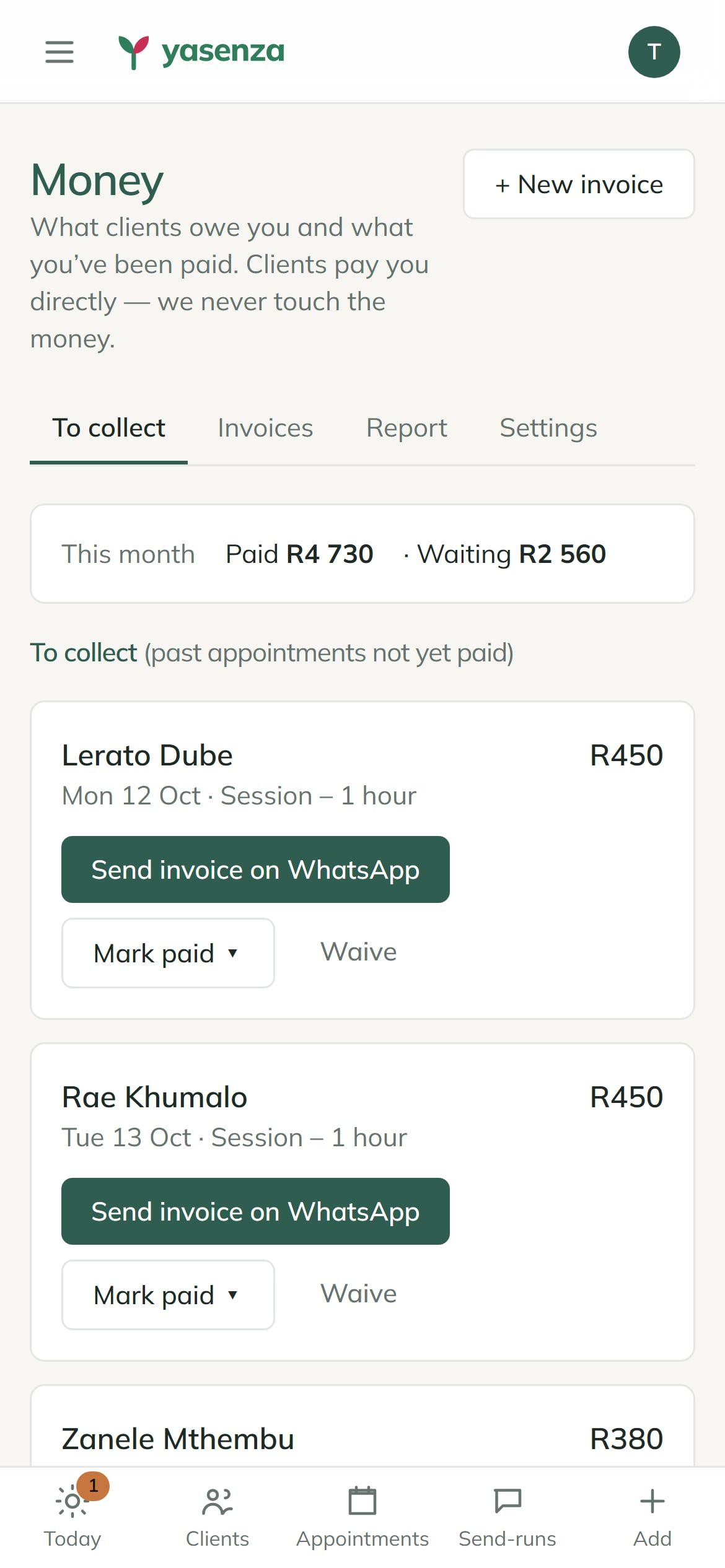 Money in Yasenza: sessions waiting for payment, with Send invoice and Mark paid