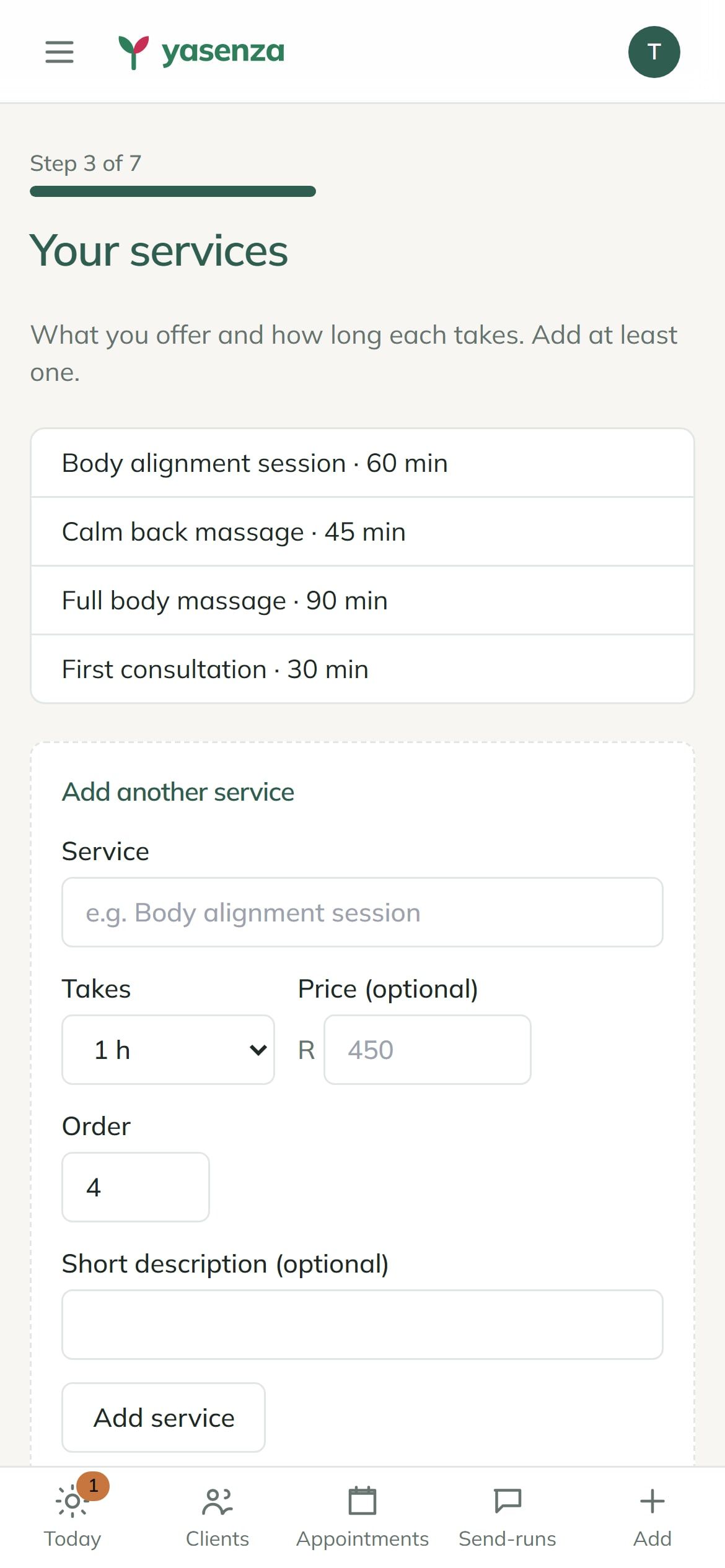 The Yasenza setup guide on a phone, at the step where a practice adds its services