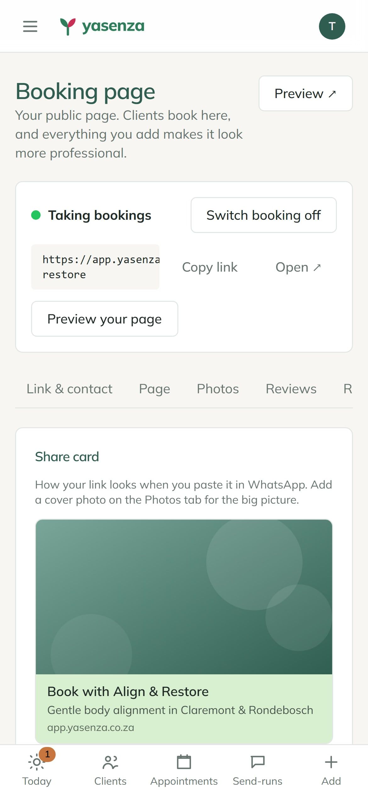 The Share screen in Yasenza: the booking link, a QR code and a ready message for WhatsApp status