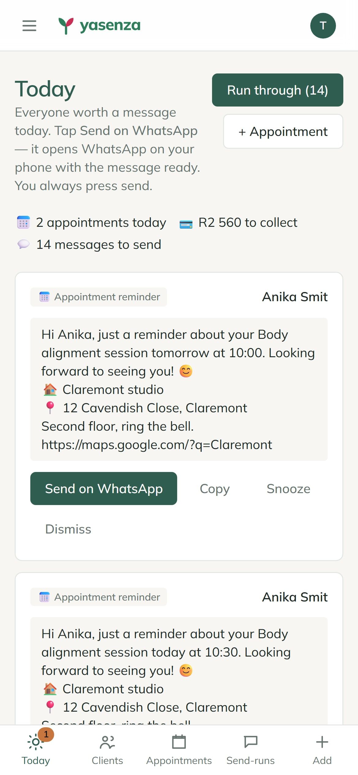 The Today screen in Yasenza with WhatsApp reminders ready to send